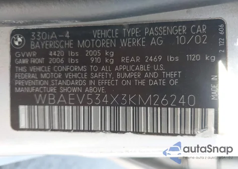 2003 BMW 330I z USA, uszkodzony, nr VIN WBAEV534X3KM26240